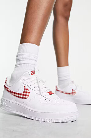 Nike Air Force 1 Low Gingham Red Gerçek Deri Kadın Beyaz Günlük Spor Ayakkabı