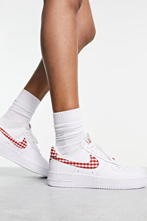 Nike Air Force 1 Low Gingham Red Gerçek Deri Kadın Beyaz Günlük Spor Ayakkabı