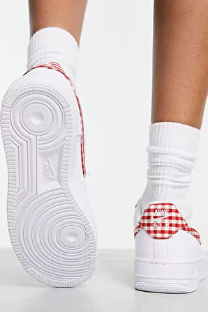 Nike Air Force 1 Low Gingham Red Gerçek Deri Kadın Beyaz Günlük Spor Ayakkabı