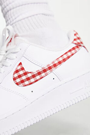 Nike Air Force 1 Low Gingham Red Gerçek Deri Kadın Beyaz Günlük Spor Ayakkabı