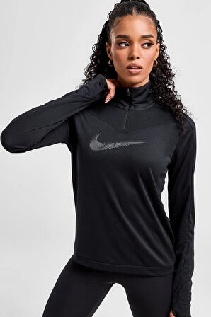 Nike Dri-Fit Running Swoosh Siyah Kadın Çeyrek Fermuar Antrenman Üstü 