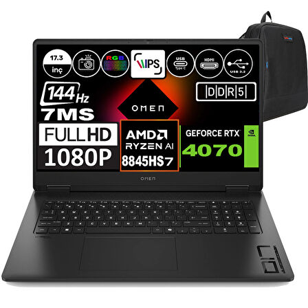 Hp Omen 17-DB0019NT Amd Ryzen 7 8845HS 32GB Ddr5 2tb SSD 8GB-RTX4070 17.3 Inç 144HZ 7ms Fhd Windows 11 Home Taşınabilir Bilgisayar A44QQEAH02 + Zetta Çanta