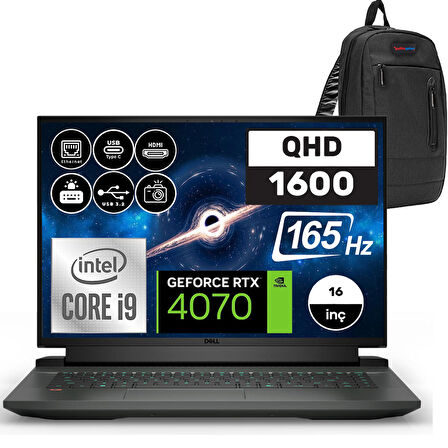 Dell Gaming G16 7630 Intel Core I9 13900HX 64GB DDR5 512GB SSD RTX4070 8GB Windows 11 Pro 16" QHD+ 165Hz Taşınabilir Bilgisayar G167630020WP07 + Zetta Çanta