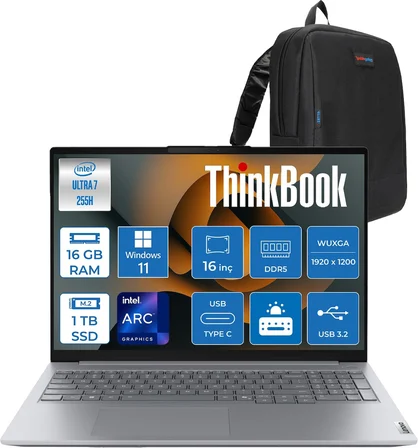Lenovo Thinkbook 16 Gen 8 Ial Intel Core Ultra 7 255H 16GB Ddr5 1tb SSD Windows 11 Home Intel Arc 140T 16 Inç Wuxga (1920 x 1200) IPS 300NITS Taşınabilir Bilgisayar 21SK007UTXH03 + Zetta Çanta