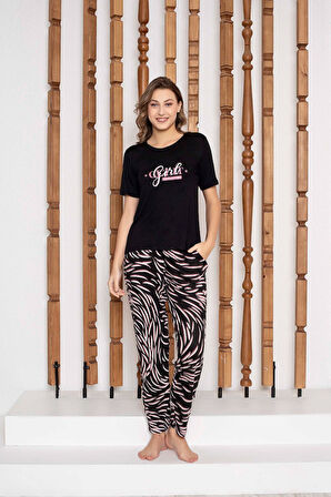 Kadın Düğmesiz Bisiklet Yaka Viskon Yazlık Kısa Kol Cepli Pijama Takımı