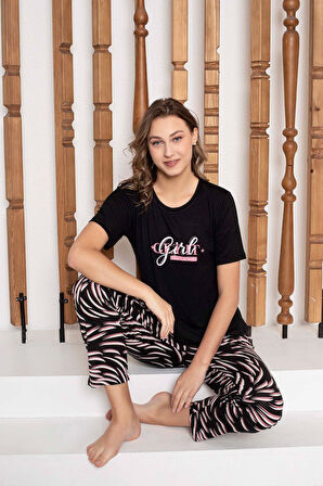 Kadın Düğmesiz Bisiklet Yaka Viskon Yazlık Kısa Kol Cepli Pijama Takımı