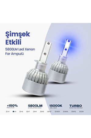 C6 Led Xenon Far Ampulü Şimşek Etkili 5800LM Chip on Board 10000K Deli Mavi H3