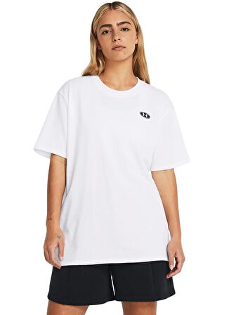 Under Armour Beyaz Kadın Bisiklet Yaka Bol Kesim  T-Shirt 1383045-100 UA HW Embroid Patch BFO