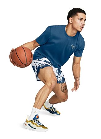 Under Armour Mavi Petrol Erkek Bisiklet Yaka Bol Kesim T-Shirt 1383379-426 Curry Emb Splash Tee