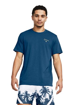 Under Armour Mavi Petrol Erkek Bisiklet Yaka Bol Kesim T-Shirt 1383379-426 Curry Emb Splash Tee