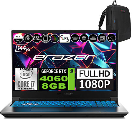 Erazer Deputy P60I Intel Core I7 13620H 16GB 512GB SSD RTX4060 Freedos 15.6" Fhd IPS 144Hz Taşınabilir Bilgisayar MD62749F01 + Zetta Çanta
