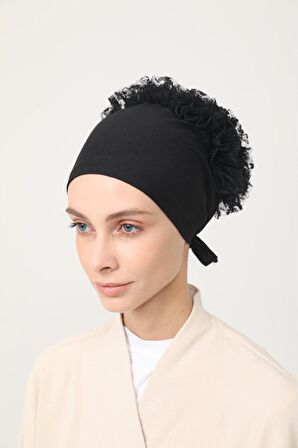 Kadın Fırfırlı Bone Siyah Günlük Tesettür Giyim Başörtüsü Hazır Türban