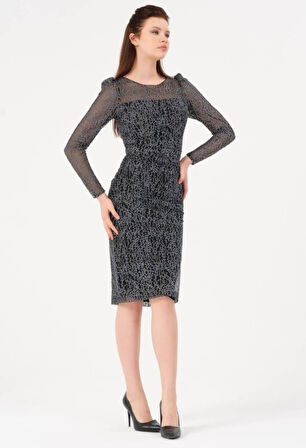 GONCA Göğüs Kollar Güpür Detaylı Simli Kısa Abiye 1619 Elbise