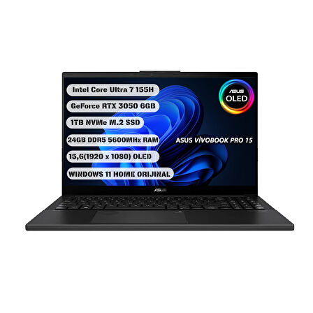 ASUS - Vivobook Pro 15 OLED Q533MJ-U73050 - Intel Ultra 7-155H 15.6’’ FHD 24GB Ram 1TB SSD RTX 3050 - Q US İngilizce Klavye Win11H 1 Yıl Garanti