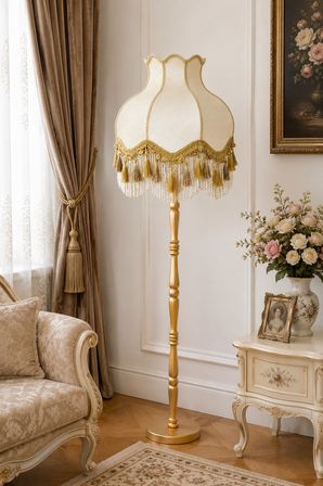Beyaz Kadife Gold Saçaklı Başlık Gold Ahşap Ayaklı Lambader Vintage Model 170x50cm