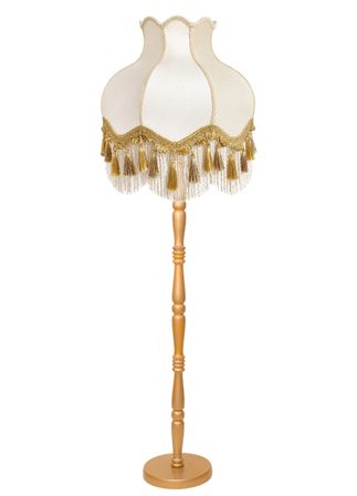 Beyaz Kadife Gold Saçaklı Başlık Gold Ahşap Ayaklı Lambader Vintage Model 170x50cm