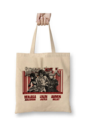 Shingeki no Kyojin Attack On Titan Beyaz Bez Çanta Uzun Saplı Alışveriş Çantası Plaj Çantası