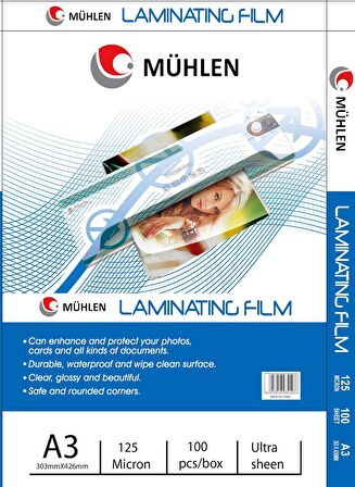 Mühlen Beutel A3-125 | A3 Boyutu, 125 Mikron Laminasyon PVC Filmi 1 Paket 100 Adet