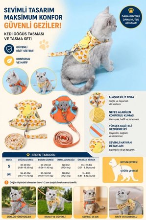 Kedi Göğüs Tasması ve Gezdirme İpi Seti | Kaçış Önleyici, Ayarlanabilir, Nefes Alabilen Kumaş