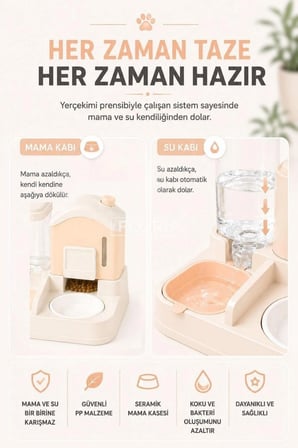 Seramik Kaseli Kedi ve Köpek Mama Su Kabı | 2.6L Mama 1L Su Hazneli