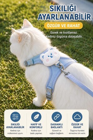 Kedi Göğüs Tasması ve Gezdirme Tasması Seti - Ayarlanabilir, Kaçma Önleyici, 120cm Kayış