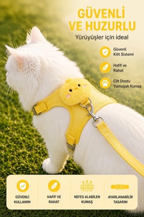 Kedi Göğüs Tasması ve Gezdirme Tasması Seti - Ayarlanabilir, Kaçma Önleyici, 120cm Kayış