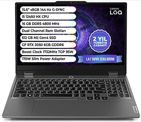 LENOVO LOQ Intel Core I5-12450HX 16GB 512GB SSD Rtx™ 3050 6GB 15,6" Gaming Laptop 83GS008GTR
