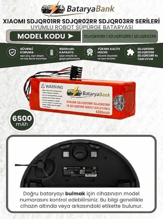 BataryaBank Xiaomi SDJQR01RR / SDJQR02RR / SDJQR03RR Uyumlu Robot Süpürge Bataryası 14.4V-14.8V 6500mAh Li-ion Yüksek Kapasiteli Pil