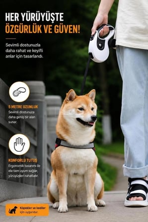 5 Metre Otomatik Köpek Tasması Güçlü Fren Sistemli Ergonomik Kaymaz Saplı Dayanıklı Gezdirme Tasması