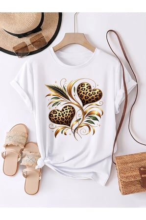 Unisex Aşk Leopar Kalp Baskılı Tasarım Tshirt