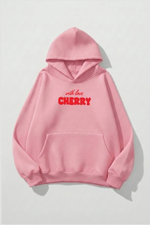 Unisex Yumuşak Dokulu With Love Cherry Baskılı Tasarım Oversize 3 İplik Hoodie Sweatshirt