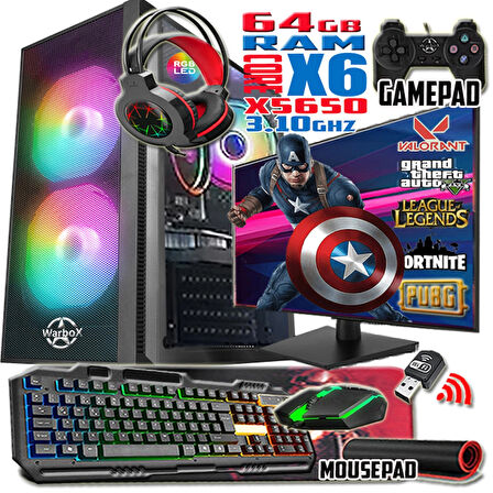 WarboX Kaptan Xeon X5650 3.10ghz 64gb Ram 512gb Ssd R7 240-4gb E.kartı 24" Monitör Gaming Bilgisayar