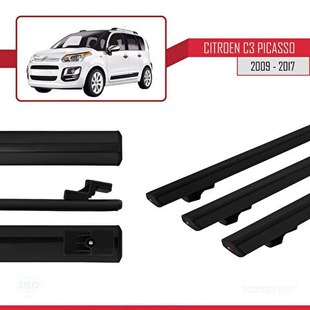 Citroen C3 Picasso 2009-2017 Arası ile Uyumlu BASIC Model Ara Atkı Tavan Barı Siyah 3 Adet