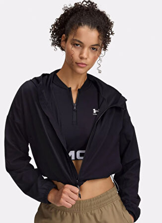 6003590-001 UA Unstoppable Woven HD Kapüşonlu Loose Fit Siyah Kadın Zip Ceket