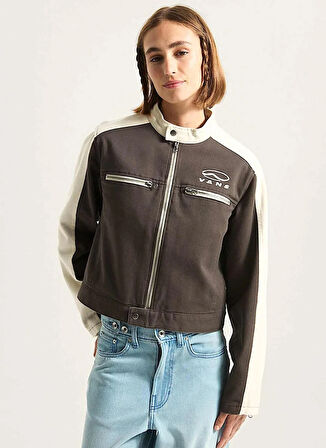 Vans VN000R3HEMV1-Ryden Biker Jacket Siyah Normal Düz Kadın Zip Ceket