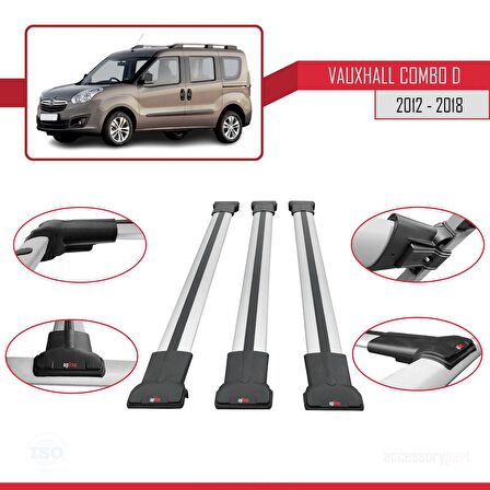Vauxhall Combo D 2012-2018 Arası ile Uyumlu FLY Model Ara Atkı Tavan Barı Gri 3 Adet