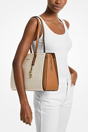 Kadın Laila Orta Boy İmzalı Logolu Tote Omuz Çantası - Krem | undefined