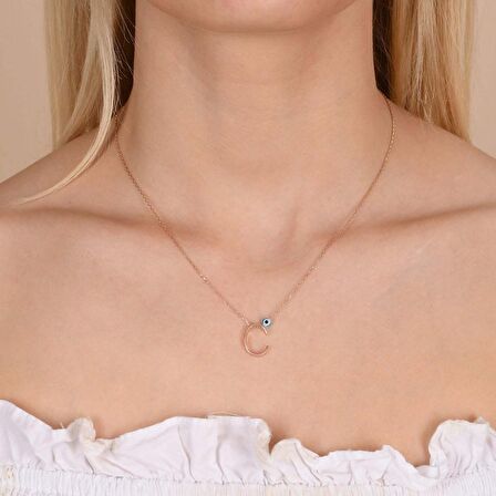 Taşsız Nazar Boncuklu C Harfi Rose Kaplama Gümüş Kolye