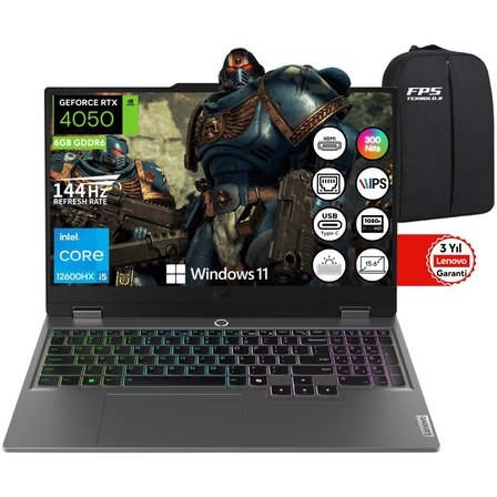 Loq 15IAX9 İ5-12600HX RTX4050 105W 24GB Ram 2tb SSD 15.6" Fhd IPS 144Hz W11 83GS00L8TR Taşınabilir Bilgisayar