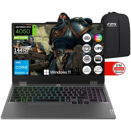 Loq 15IAX9 İ5-12600HX RTX4050 105W 16GB Ram 4tb SSD 15.6" Fhd IPS 144Hz W11 83GS00L8TR Taşınabilir Bilgisayar