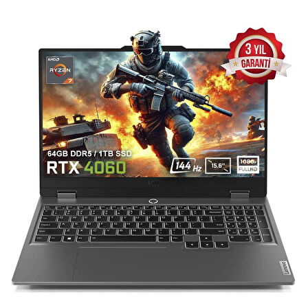 Lenovo LOQ 15ARP9 83JC00FKTRv5 AMD Ryzen 7-7435HS 64GB DDR5 1TB SSD RTX4060 8GB 105W 15.6 inç 144Hz Full HD FreeDos Gaming Laptop