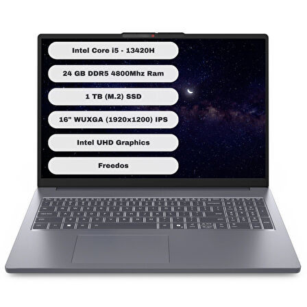 Lenovo Ideapad Slim 3 16IRH10 GTI24 Intel Core i5 13420H 24GB 1TB SSD Freedos 16'' WUXGA Taşınabilir Bilgisayar 83K2001UTR