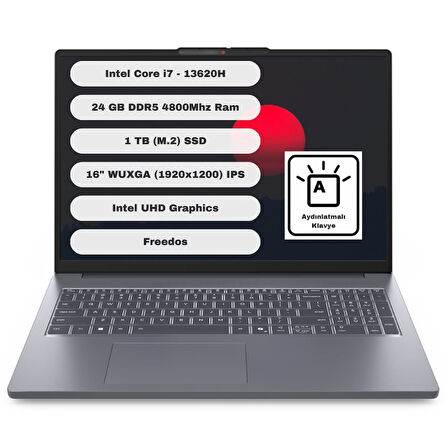 Lenovo Ideapad Slim 3 16IRH10 GTI24 Intel Core I7 13620H 24GB 1TB SSD Freedos 16'' FHD Taşınabilir Bilgisayar 83K2001VTR
