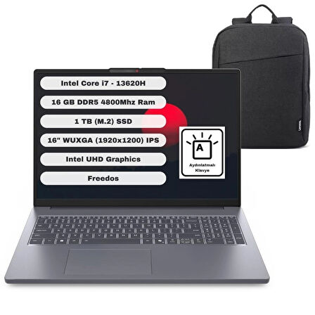 Lenovo Ideapad Slim 3 16IRH10 GTICNT Intel Core I7 13620H 16GB 1tb SSD Freedos 16" Fhd 83K2001VTR + Çanta Hediyeli