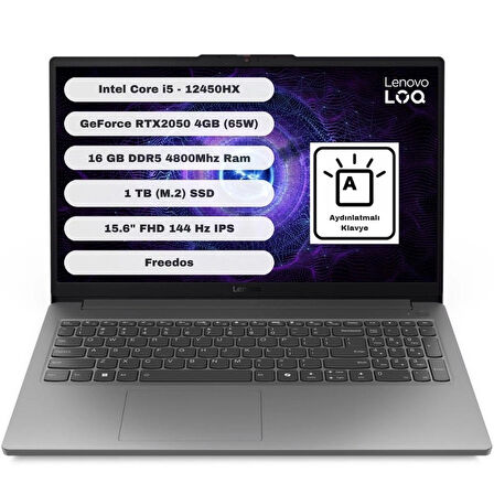 Lenovo LOQ GTI1 15IAX9E Intel Core I5 12450HX 16GB 1TB SSD RTX2050 Freedos 15.6'' Fhd Taşınabilir Bilgisayar 83LK008HTR