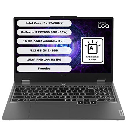 Lenovo LOQ 15IAX9E Intel Core i5 12450HX 16GB 512GB SSD RTX2050 Freedos 15.6'' FHD Taşınabilir Bilgisayar 83LK008HTR