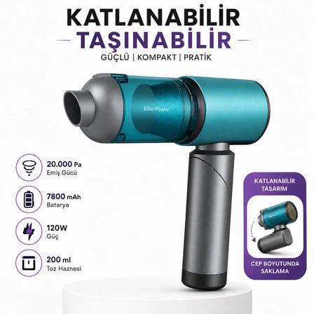20.000 Pa Kablosuz Araç Süpürgesi 120W Güçlü Emiş 7800 mAh Şarjlı El Süpürgesi 8 Başlıklı HEPA Filtreli Mini Vakum