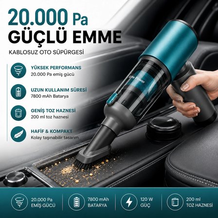 20.000 Pa Kablosuz Araç Süpürgesi 120W Güçlü Emiş 7800 mAh Şarjlı El Süpürgesi 8 Başlıklı HEPA Filtreli Mini Vakum