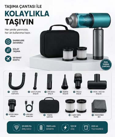 20.000 Pa Kablosuz Araç Süpürgesi 120W Güçlü Emiş 7800 mAh Şarjlı El Süpürgesi 8 Başlıklı HEPA Filtreli Mini Vakum