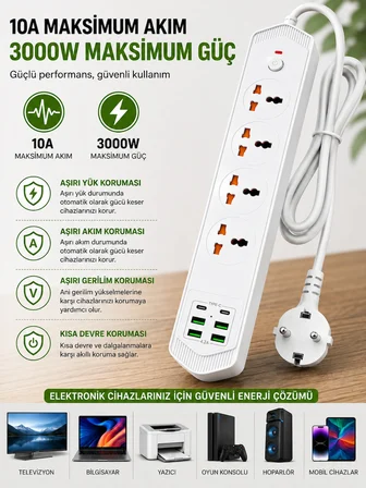 4’lü Akım Korumalı Evrensel Priz 3000W 10A, 2 Type-C + 4 USB-A, 2 Metre Kablolu Çoklu Priz